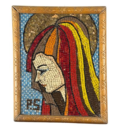Mosaico eseguito in pietra dura, periodo XX secolo raffigurante Madonna....