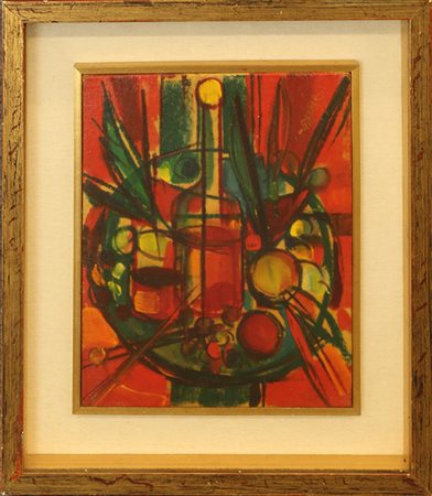 GIANBAR, "Natura morta con bottiglia e frutta", 1973