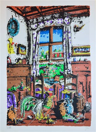 GENNARO PICINNI Bari 1933 Interno serigrafia su tela 70x100 esemplare 23/100