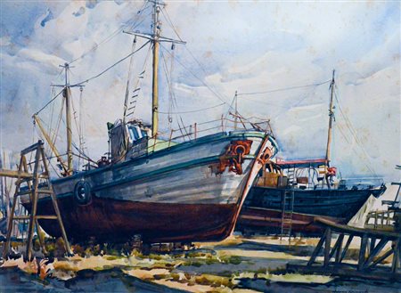 ANNA RAIMONDI Barche in darsena acquerello su cartone 50x70