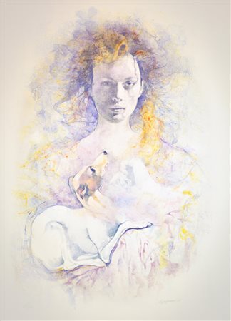 RENZO VESPIGNANI Roma 1924-2001 Donna con cane serigrafia su carta 58x76...