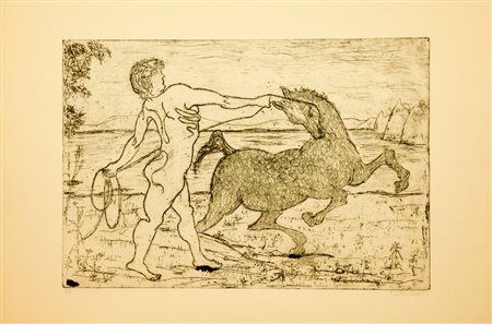 FELICE CASORATI Novara 1883 - 1963 Uomo e cavallo Punta secca su carta 50x70...