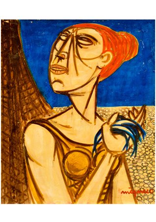 GIUSEPPE MIGNECO Messina 1908 - Milano 1997 Donna con pesce tempera su carta...