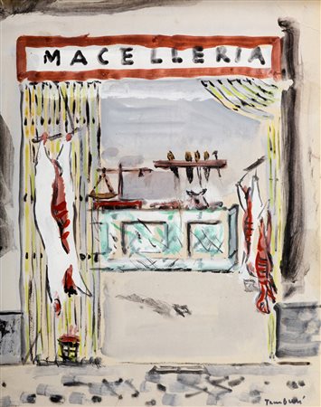 ORFEO TAMBURI Esi 1910-1994 Macelleria Tecnica mista su carta 23x20