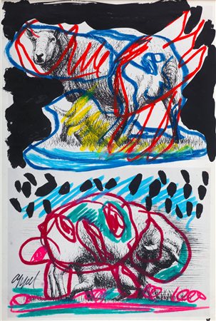 KAREL APPEL Amsterdam 1921- 2006 Composizione Dipinto su serigrafia di Erny...