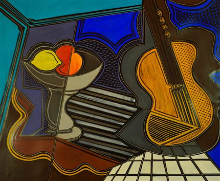 PIPPO ORIANI Torino 1909-1972 Natura morta con chitarra Incausto graffito su...