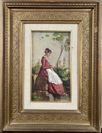 Gioacchino Banfi "Il ricamo" 
olio su tavola (cm 27x15)
firmato in basso a sinis