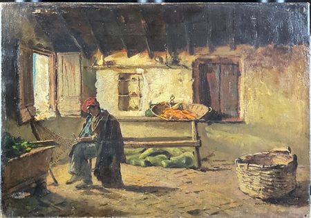 Pietro Michis "Il rammendo della rete" 
olio su tela (cm 27,5x39)
firmato in bas