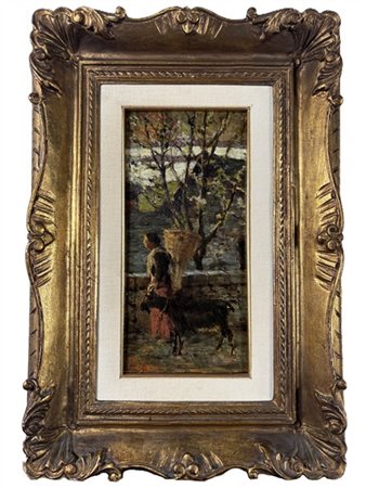 Francesco Filippini "La raccolta della legna" 
olio su tavola (cm 26x13)
firmato