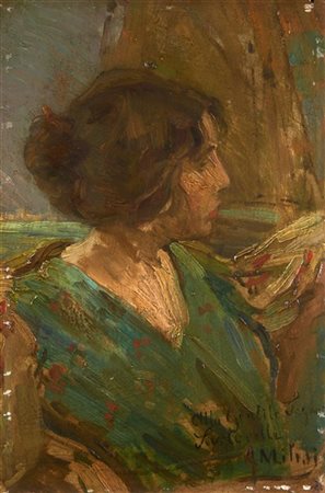 Alessandro Milesi "Ritratto di donna in abito verde" 
olio su cartone (cm 30,5x2