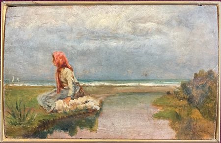 Francesco Gioli "Sulla riva" 
olio su tavola (cm 10x16)
firmato in basso a destr