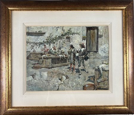 Riccardo Pellegrini "Mercato spagnolo" 
olio su cartone (cm 23x30)
firmato in ba