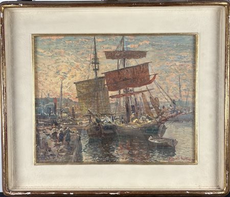 Fausto Pratella "L'arrivo al porto" 
olio su compensato (cm 24x30)
firmato in ba
