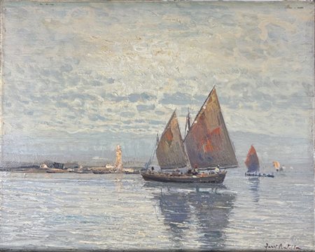 Fausto Pratella "Marina con velieri" 
olio su tavola (cm 24x30)
firmato in basso