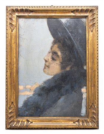 Giovanni Beltrami "Donna con cappello" 
olio su tela (cm 50x34)
al retro: cartig