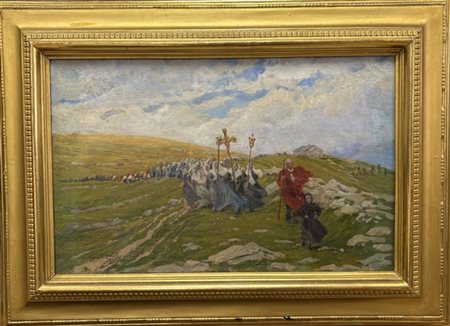 Carlo Cressini "Processione a Madesimo" 
olio su cartone telato (cm 36,5x57)
fir