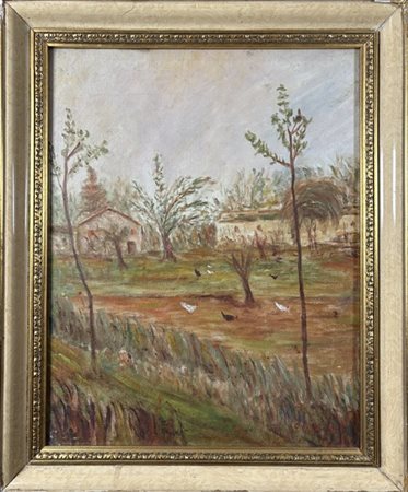 Edoardo Gordigiani "Cortile con galline" 
olio su tela libera (cm 48x36)
firmato