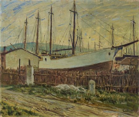 Galileo Chini "Il Motoveliero Orione" 
olio su compensato (cm 50x60)
firmato in