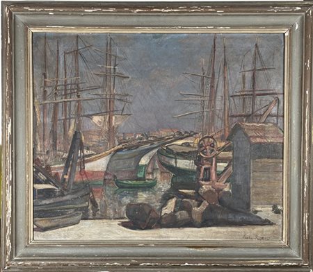 Esodo Pratelli "Darsena" 
olio su tela (cm 75x90)
firmato in basso a destra
al r