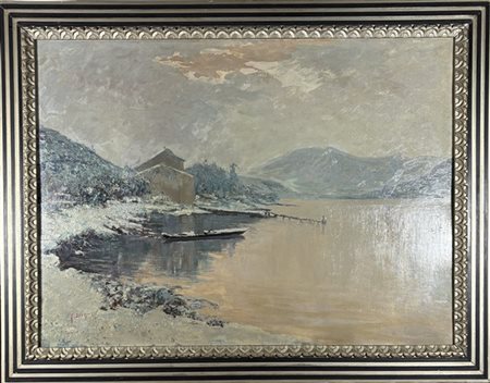 Arturo Verni "Veduta lacustre innevata" 
olio su compensato (cm 70x95)
firmato i