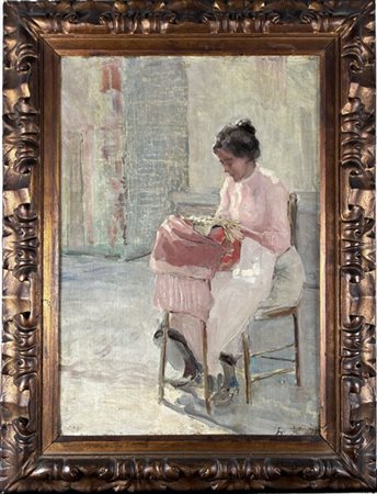 Antonio Piatti "La sarta" 
olio su cartone (cm 48,5x33,5)
firmato in basso a des