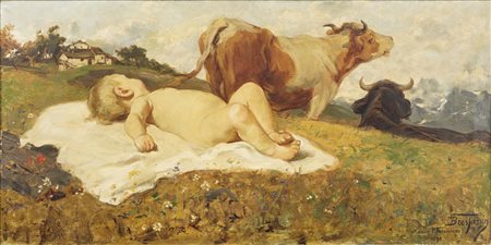 Bambino e mucche in un paesaggio montano