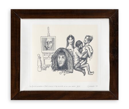 GIUSEPPE GUERRESCHI (1929-1985) - Testa femminile, autoritratto di Füssli e Lavinia De Irnjo che assiste ad una scena erotica, 1998