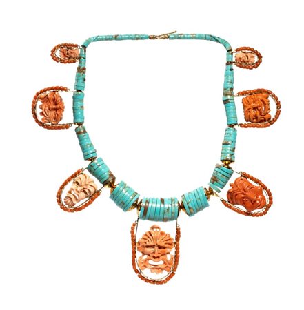 GERARDO SACCO (Crotone, 1940 - ) 
Collezione "Maschere e Monete": collana in oro con turchese e corallo 
 