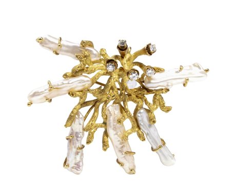  
Spilla in oro con diamanti e perle di fiume anni '70
 