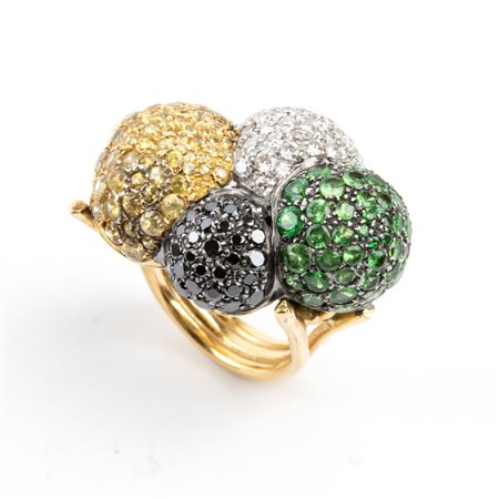  
Anello in oro giallo con diamanti, peridoti e quarzi citrini Anni '60
 