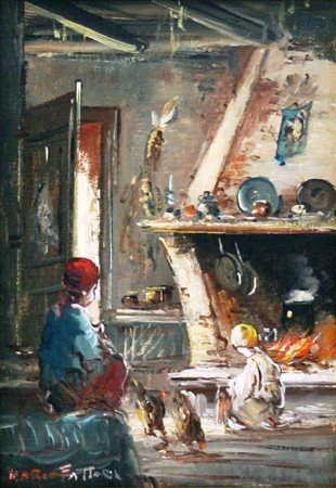Mario Fattori 1930, Livorno (Li) - [Italia] La cucina di campagna olio su...