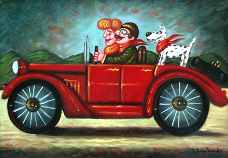 Salvo Lombardo 1948, Favara (Ag) - [Italia] L'auto rossa olio su tela 35x50...