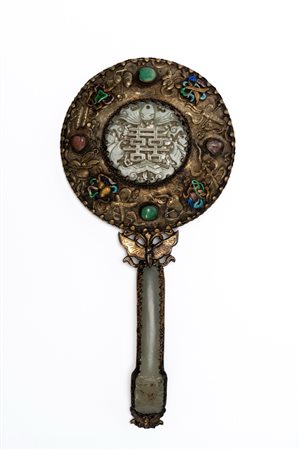 Specchio in bronzo dorato e giada, pietre dure e smalti, Cina, tarda dinastia Qing / periodo della Repubblica