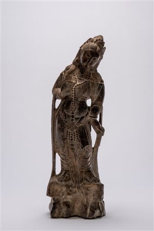 Figura scolpita in pietra raffigurante bodhisattva Guanyin in stile tardo Tang/Song, Cina