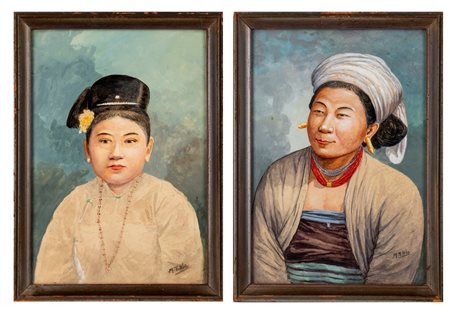 Mg Tun Hla (1874-1946) - Coppia di ritratti di donne burmesi