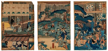 Trittico di xilografie, Giappone, periodo Edo tardivo / Meiji, metà XIX secolo