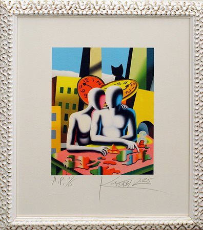 Mark Kostabi "Coppia con gatto" 2023