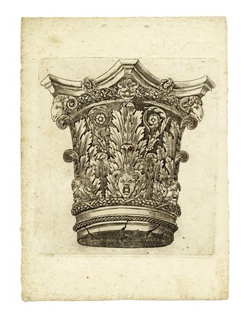 Anonimo incisore del XVI secolo, Capitello con teste di ariete e mascheroni....