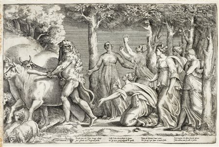 Giulio Bonasone, Ercole fugge con i buoi di Gerione, sulla destra le ninfe...