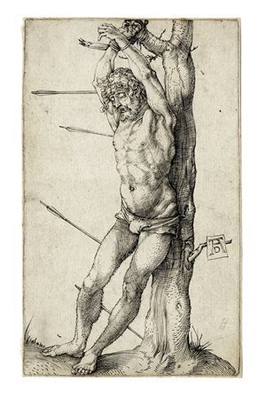 Albrecht Dürer, San Sebastiano legato all'albero. 1520. Bulino. mm 115x70....