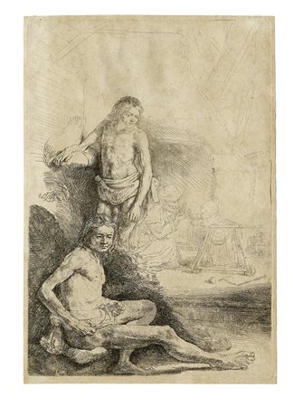 Rembrandt Harmenszoon van Rijn, Nudo maschile seduto e altro in piedi (Het...