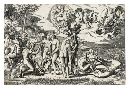 Marcantonio Raimondi, Il giudizio di Paride. 1520. Bulino. mm 288x433....