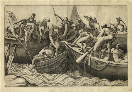 Adamo Scultori, Cattura di grandi pesci. 1600. Bulino. mm 207x310. Foglio: mm...