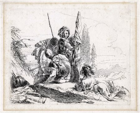 Giovanni Battista Tiepolo, Tre soldati e un ragazzo. 1749. Acquaforte. mm...