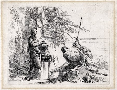 Giovanni Battista Tiepolo, Donna che posa le mani su un vaso, soldato e...