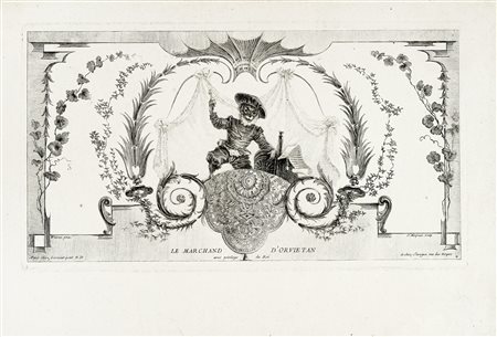 Jean Moyreau, Le marchand d'Orvietan. 1729. Acquaforte. mm 225x410. Foglio:...