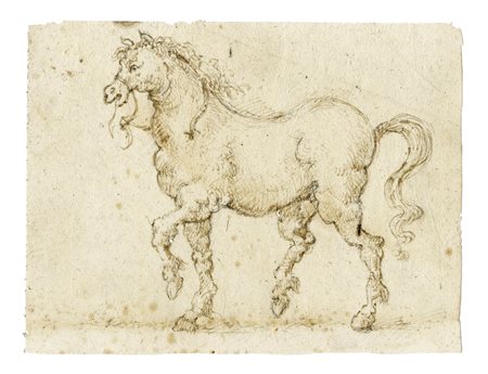 Scuola italiana del XVII secolo, Studio per cavallo al trotto. 1600. Penna e...