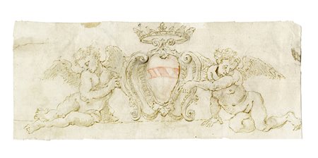 Anonimo del XVII secolo, Coppia di putti reggistemma. 1650. Penna e...