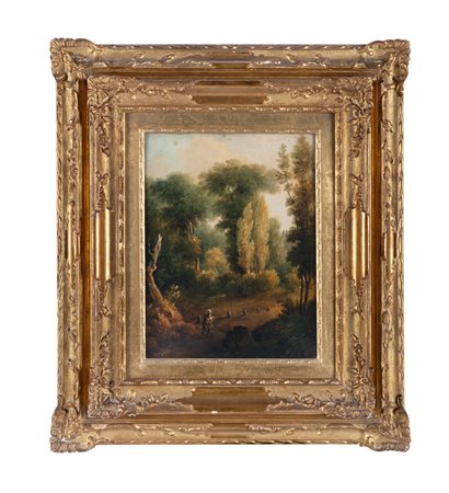 Anonimo del XVIII secolo, Scorcio di bosco con figura femminile e bambino....