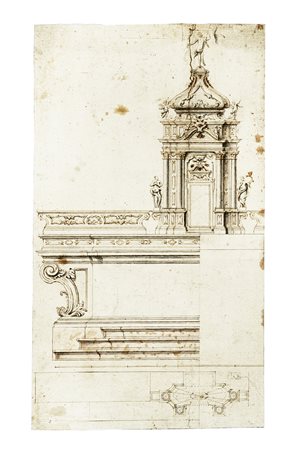 Anonimo del XVIII secolo, Progetto di arco trionfale con trofeo d'armi e...